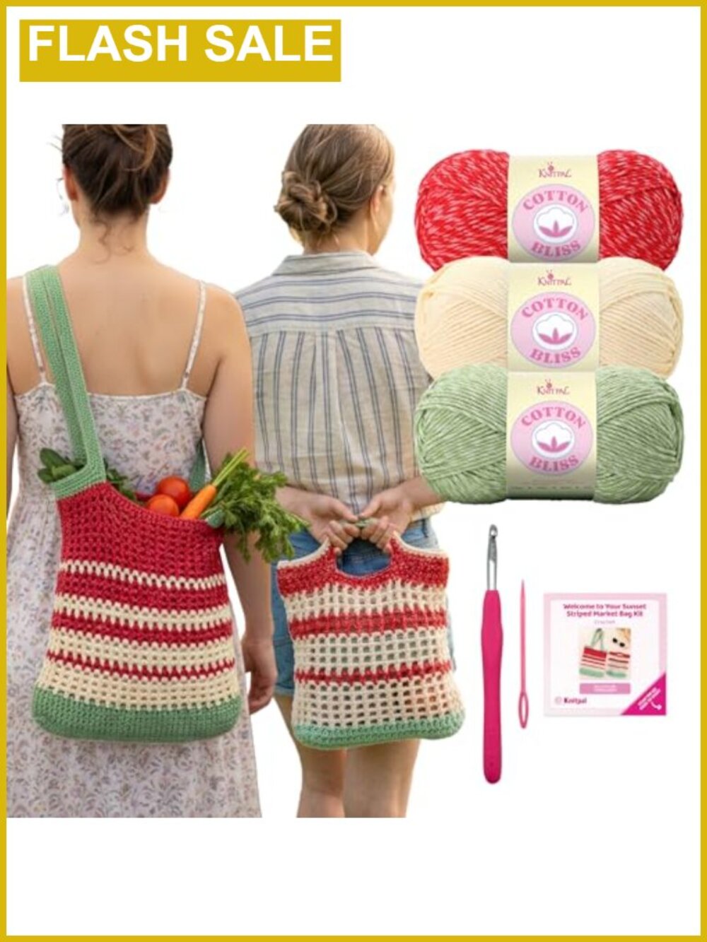 Crochet Market Bag Kit for Beginners Cotton Yarn Tote & Lunch Bag